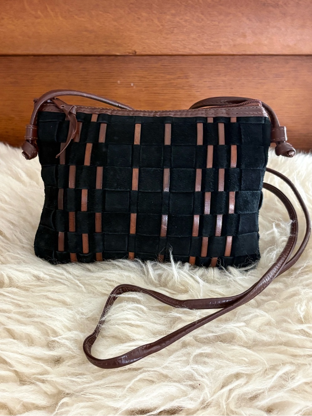 Woven Suede Crossbody Bag in Black and Brown